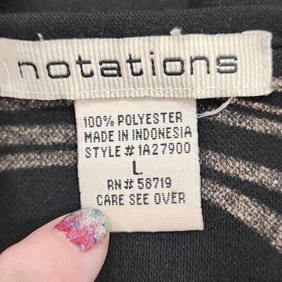 Notations Top Black Print 3/4 Sleeve Attached Belt Women's Large - Picture 4 of 5
